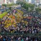 This aerial picture shows students protesting to demand a reduction in fuel prices and the dissolution of the free meal program, which they consider to be a hotbed of corruption, in Jakarta on June 12, 2026. (Photo by BAY ISMOYO / AFP)
